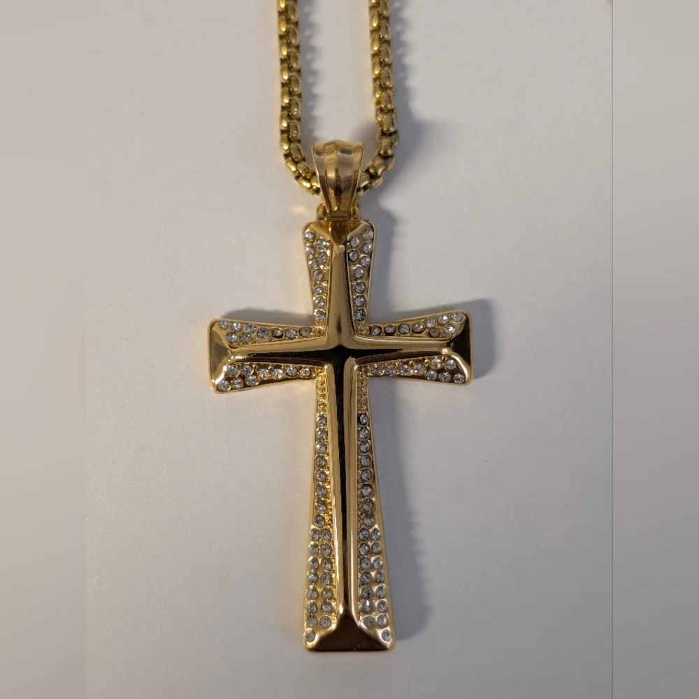 Gold Stainless Steel Cross Pendant Necklace with Crystal Accents